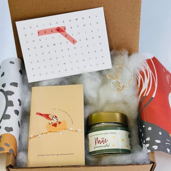 caderno ninho de mãe + pingente amor infinito + corrente + cartão caça palavras + vela mãe ilumina a vida